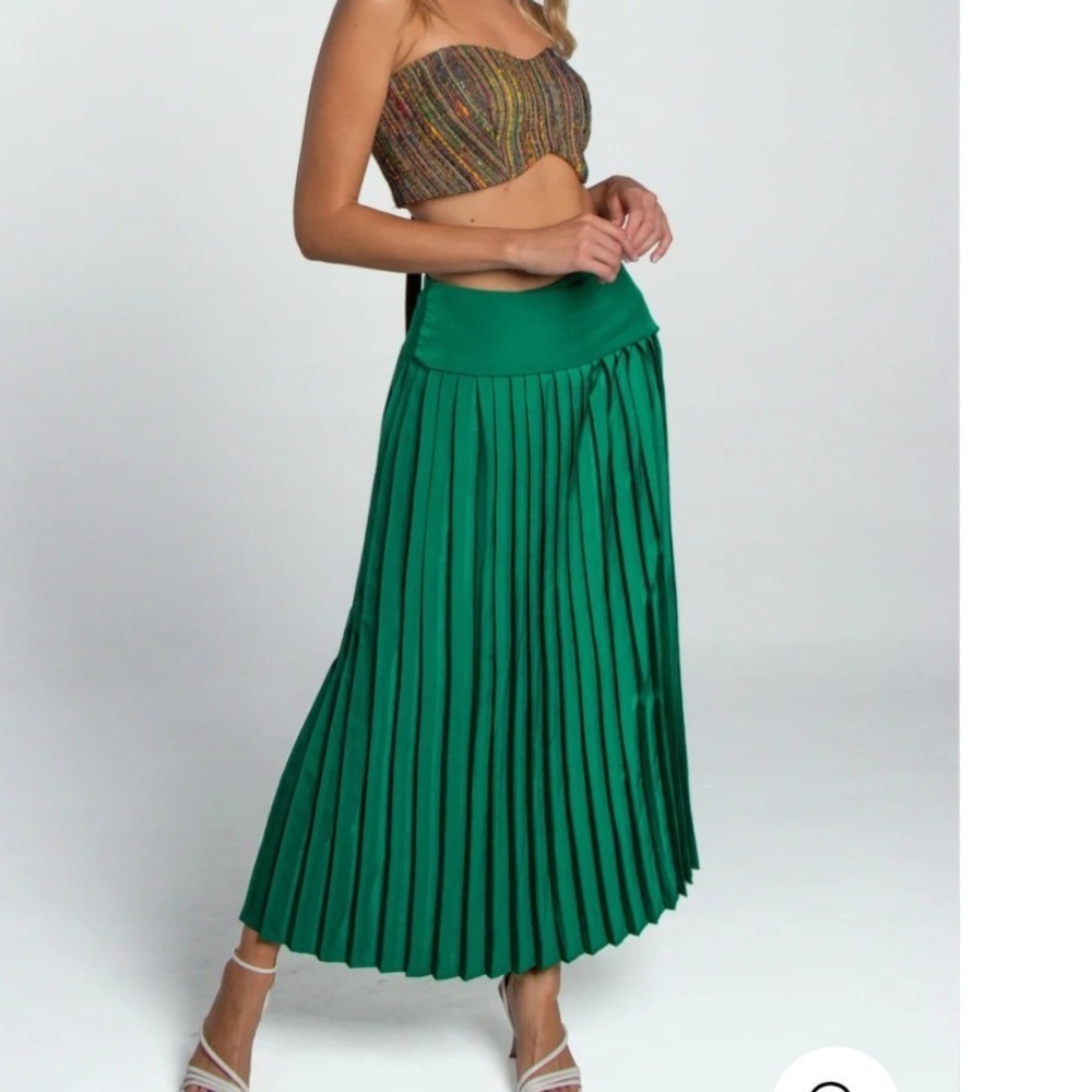 Morange Rho Skirt Green Pleated High Waisted Midi Side Slit Size M NEW